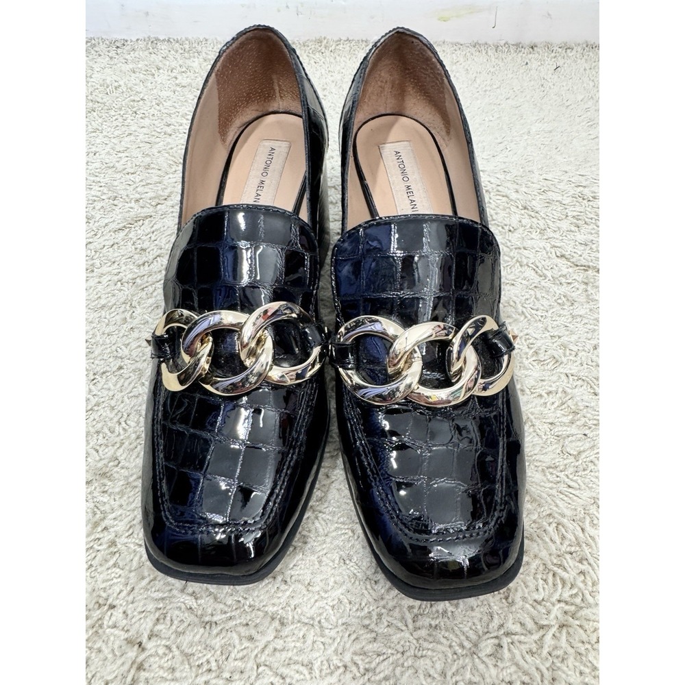 Antonio Melani Black Croc Embossed‎ Patent Leather Block Heel Loafer Size 10 Y2K